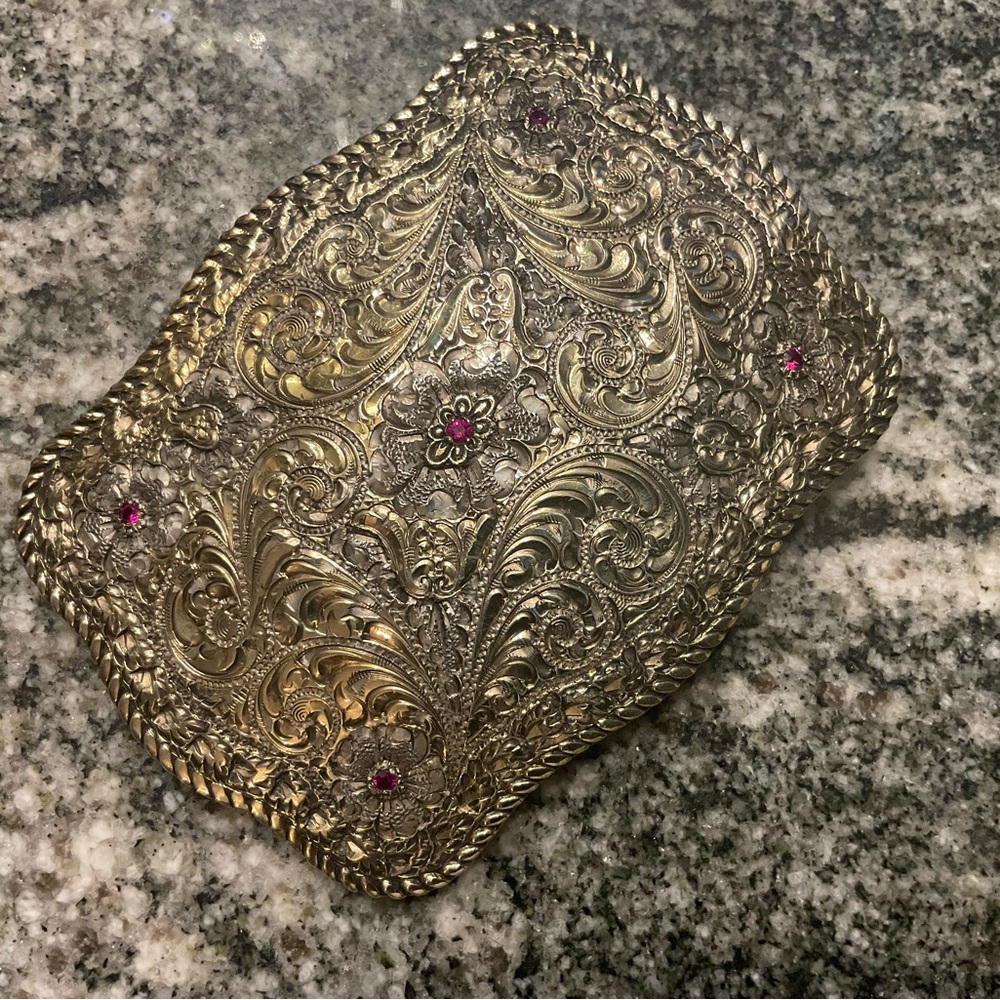 San Carlos custom belt buckle 22k gold over sterling silver with 5 Rubies.